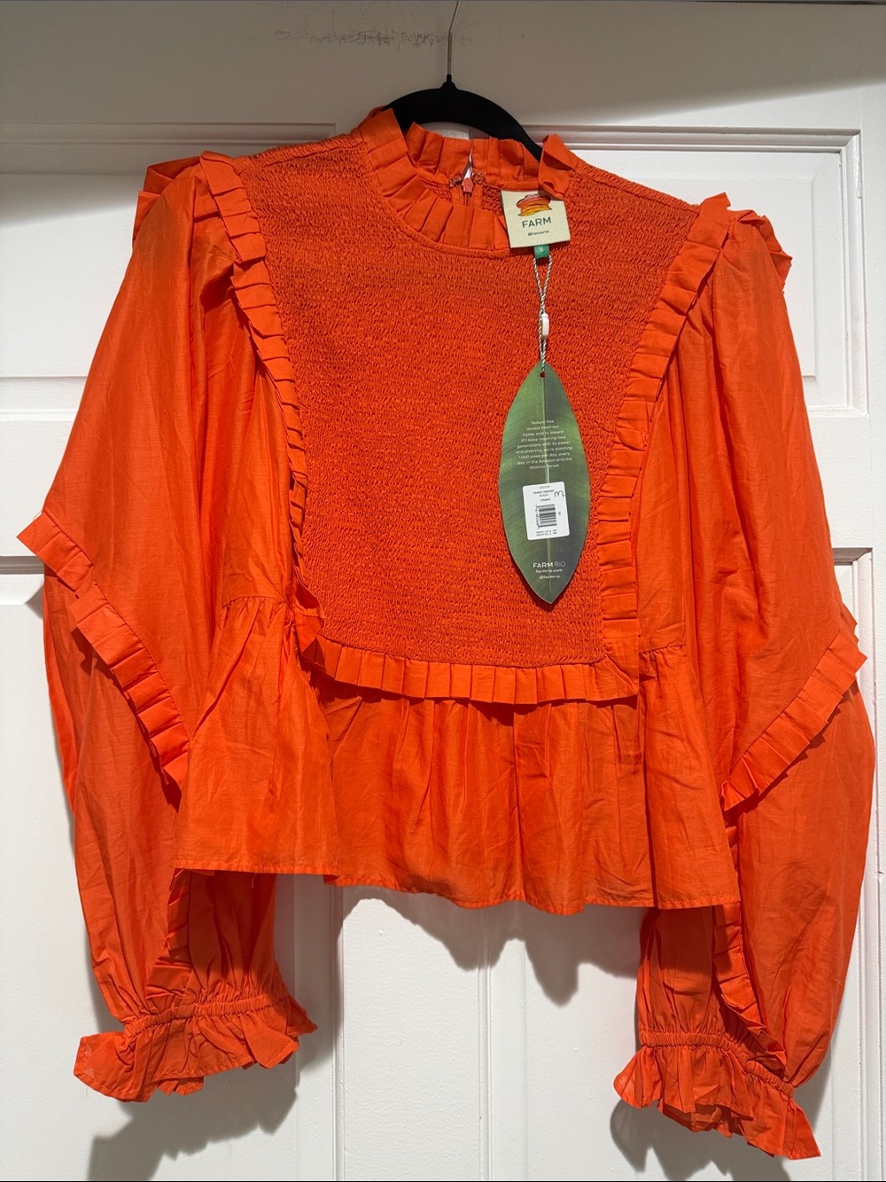 FARM Rio Bright Orange Ruffle Smocked Yoke Blouse
